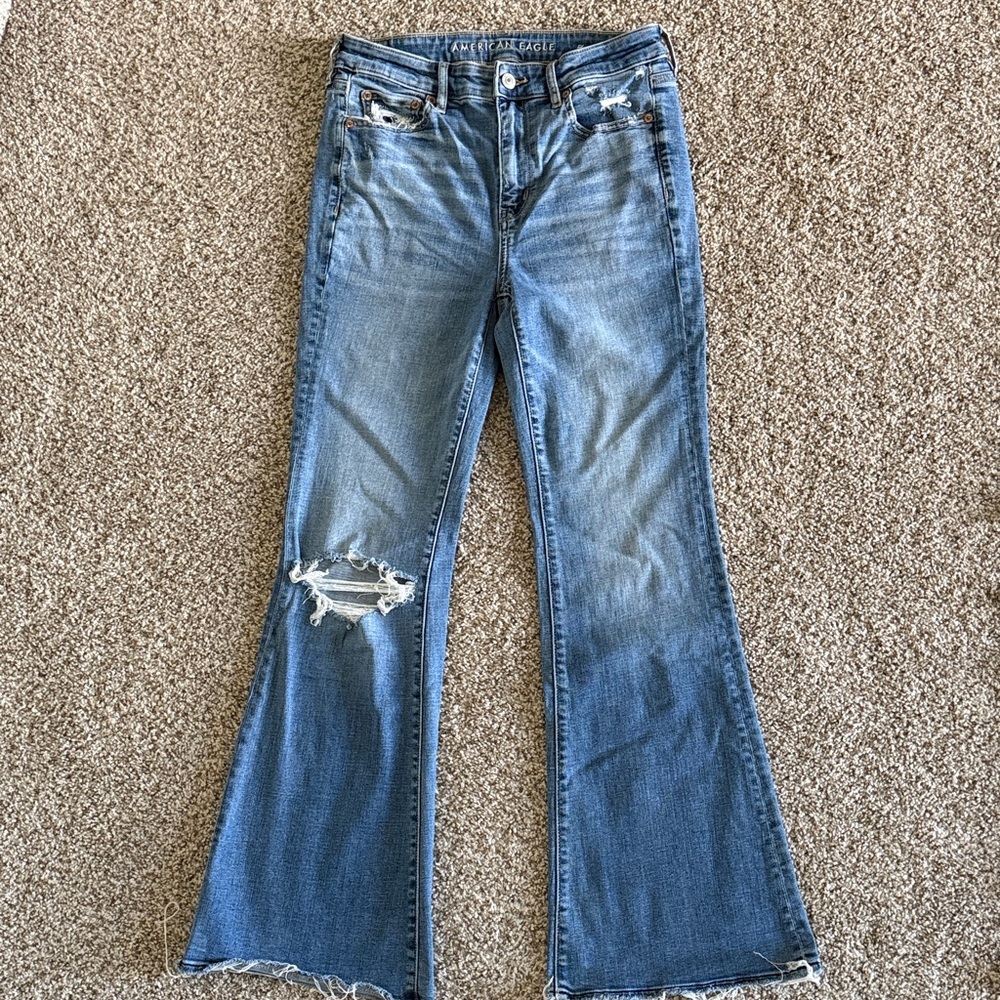 American Eagle Outfitters Stretch Flare Light Blue Jeans with distressing - Picture 2 of 4